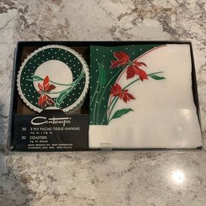 Vintage Contempo Christmas Poinsettia Paper Coaster Napkin Box Set Retro Flower